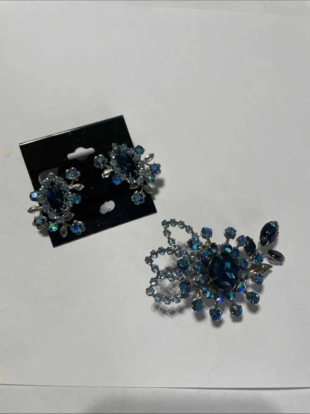 Blue Crystal Floral Brooch and Earring Set
